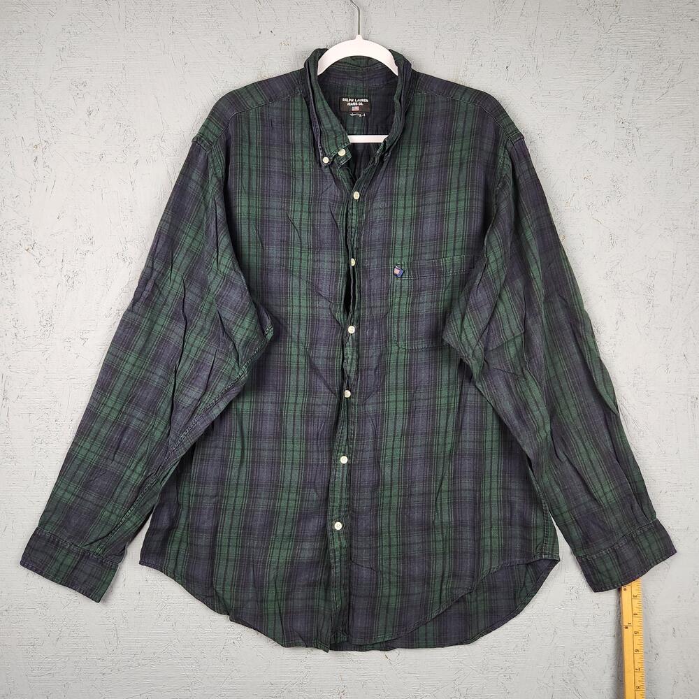 Vintage Ralph Lauren Jeans Co Shirt Mens XL Green Black Plaid Blackwatch Logo